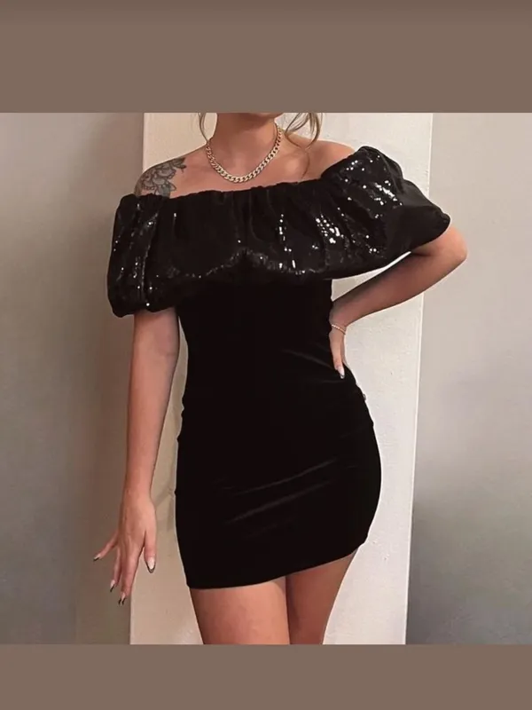 Zara Off-Shoulder Black Mini Dress with Sequin Trim - Image 5