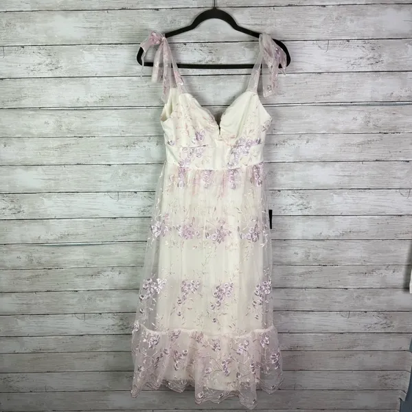 Lulus Distinctly Sweet White Floral Embroidered Tie-Strap Midi Dress Size Small - Image 3
