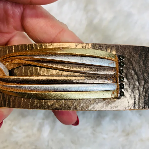 Fossil Gold Silver Wide Leather Belt Sz Medium - Image 12
