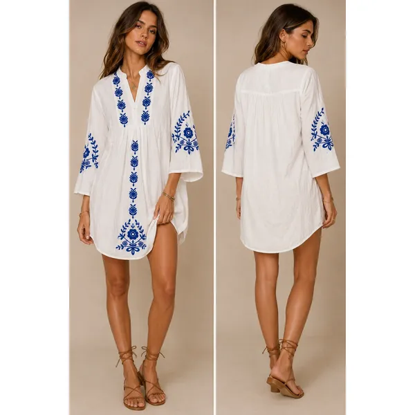Zara Women Tunic Top XS White Blue Floral Embroidered Boho 3/4 Sleeve - Image 2