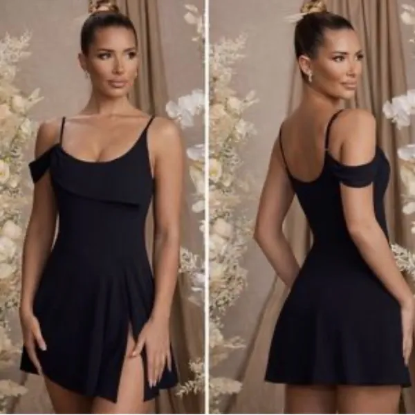 NWT Oh Polly Elegant Black mini Dress with off-shoulder design, size 6 - Image 2