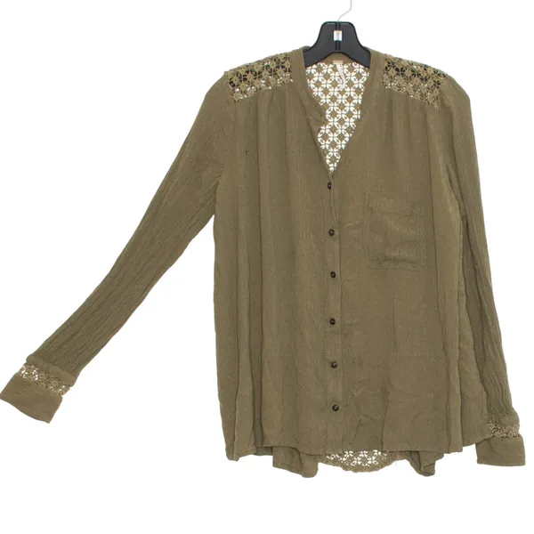 Free People Green Lace Button Up Boho Gauze Top Cottage Festival Earthy Small - Image 8