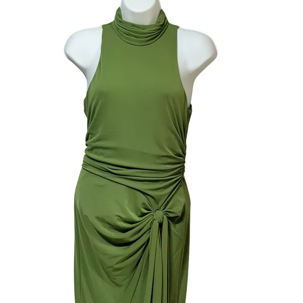 Olive Green Mock Neck Ruched Side Tie Midi Dress Sleeveless Mermaid Hem - Image 5