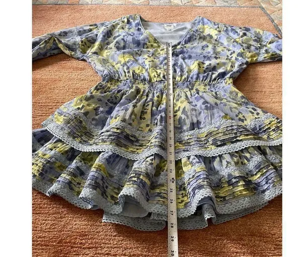 Aerie Blue Yellow Floral Ruffle Mini Dress XL Cotton Lace Trim Boho Style - Image 3