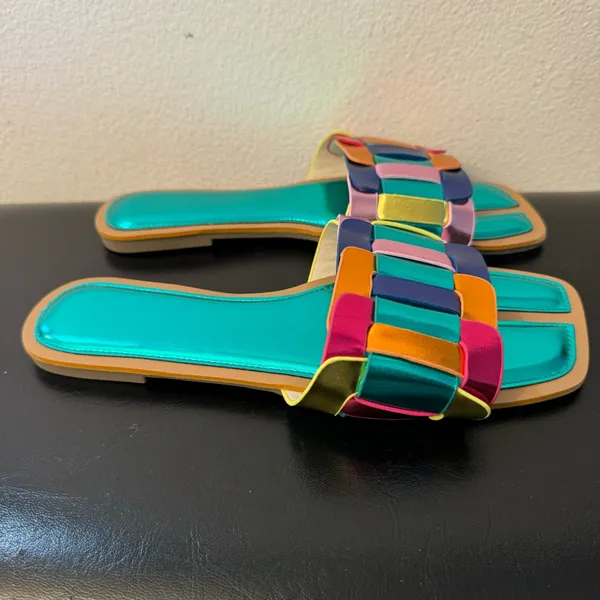 Women’s Metallic Slide Sandals – Color Block Woven Strap, Flat Comfort - Image 6
