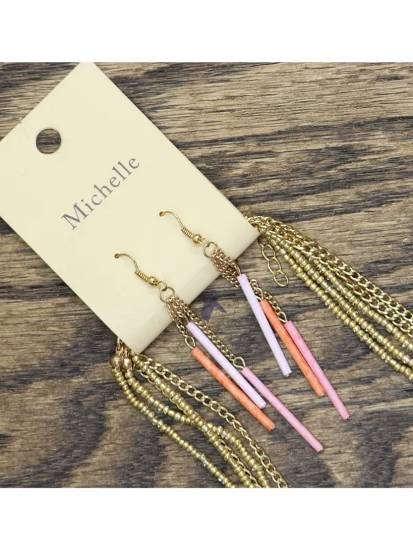 NWT Michelle Seed Beaded Dangly Earrings Necklace Set Gold / Pink 31" + 2" - Image 2