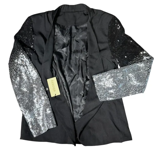 Ebossy Sequin Ombre Sleeve Blazer Womens Large Black Silver Glam Jacket - Image 5