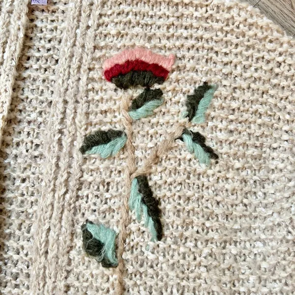 Alya Floral Chunky Knit Sweater Cardigan Embroidered Flowers in Cream Size S - Image 6