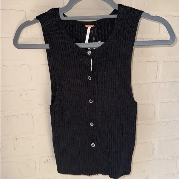 Free People knit sweater vest jeweled pave button small NEW sleeveless black - Image 2