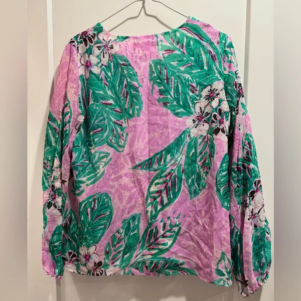 Lilly Pulitzer 92% Silk & metallic Pink& Green Tropical,Leaf Blouse Size S‎ - Image 2