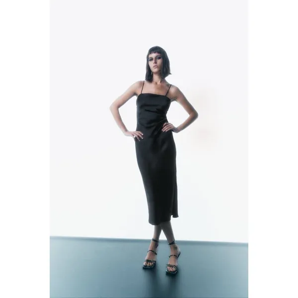 Zara Black Silk Satin Spaghetti Strap Cami Camisole Midi Tank Slip Dress Size M - Image 10