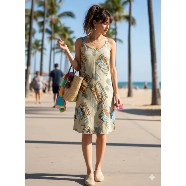 Hilo Hattie Hawaiian Dobby Rayon Sundress Beige Blue Green Size L - Image 16