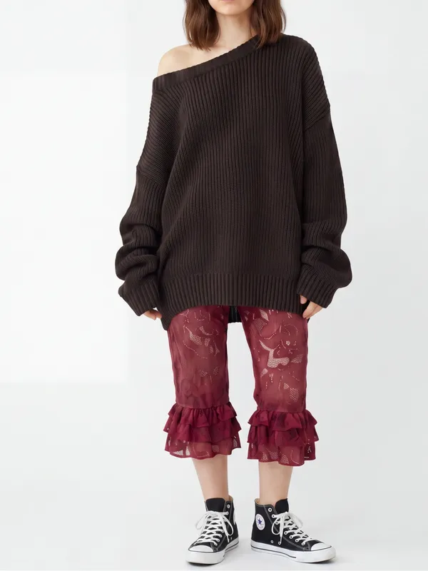 ROMWE Burgundy Grunge Fairy Sheer Lace Ruffled Bell Bottom Bloomer Pants cropped - Image 4