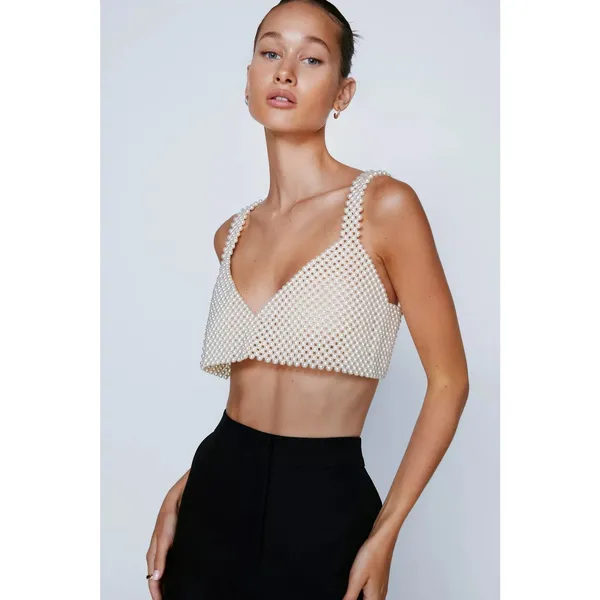 Pearl Chain Beaded Women's White V Neck Sleeveless Cami Crop Top Size S / M - Image 2