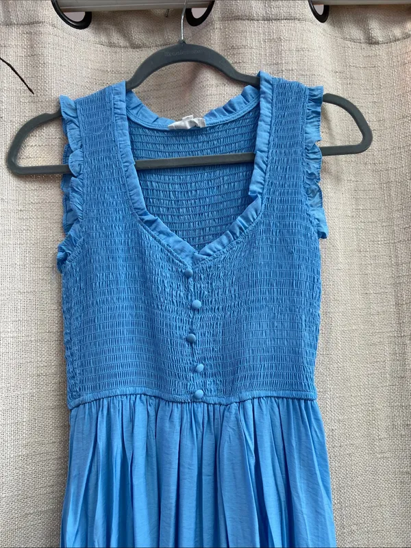 Light Blue Smocked Midi Dress V-Neck Button Front Ruffle Small - Image 9