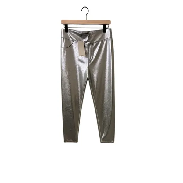 Halara Silver Metallic High Waisted Slim Leggings Faux Denim Pants Size M 7/8 - Image 2