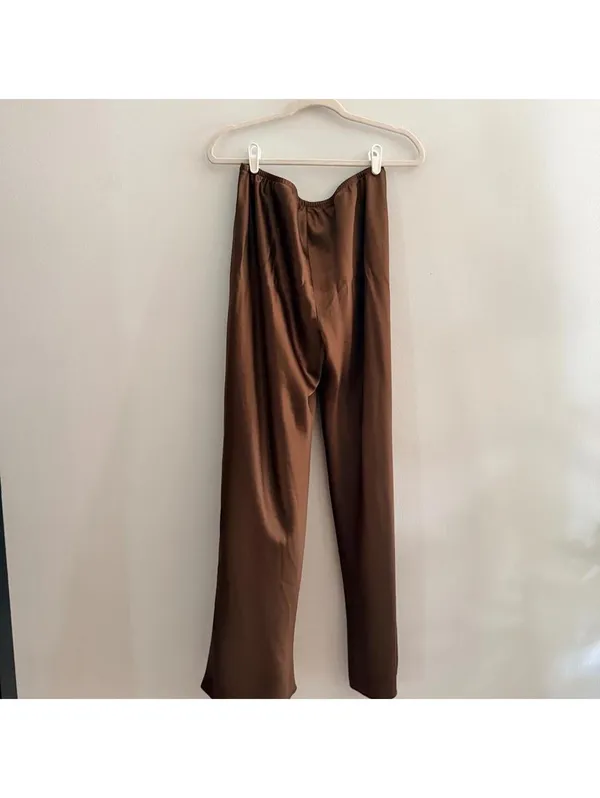 Reformation Gale Satin Mid Rise Bias Pant in Pinecone Brown - Image 2