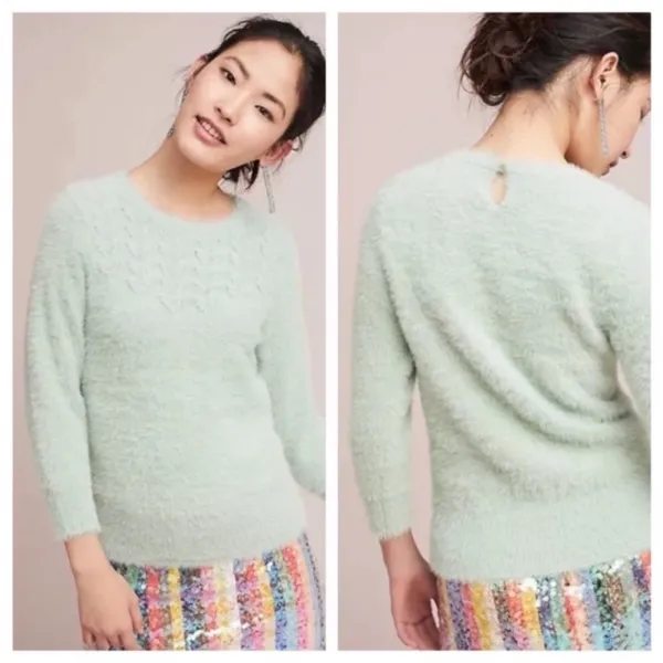 Anthropologie Rosie Neira Aubade Mint Green Fuzzy Sweater SP Small Petite - Image 2