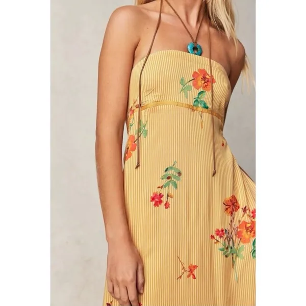 Free People Bohemian Rosie Posie Strapless Midi Dress Yellow Floral Size Medium - Image 3