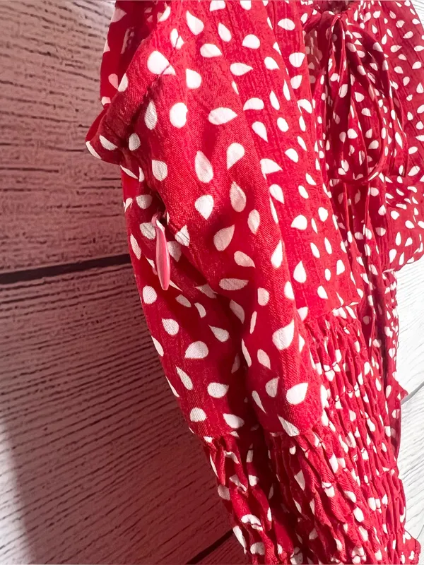Red & White Polka Dot Smocked Sleeveless Mini Dress with Ruffle Hem Size Small - Image 8