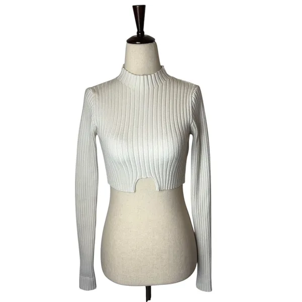 Edikted Sweater‎ Women XS Ivory Ribbed Knit Bonnie Cropped Mock Neck Streetwear - Image 2