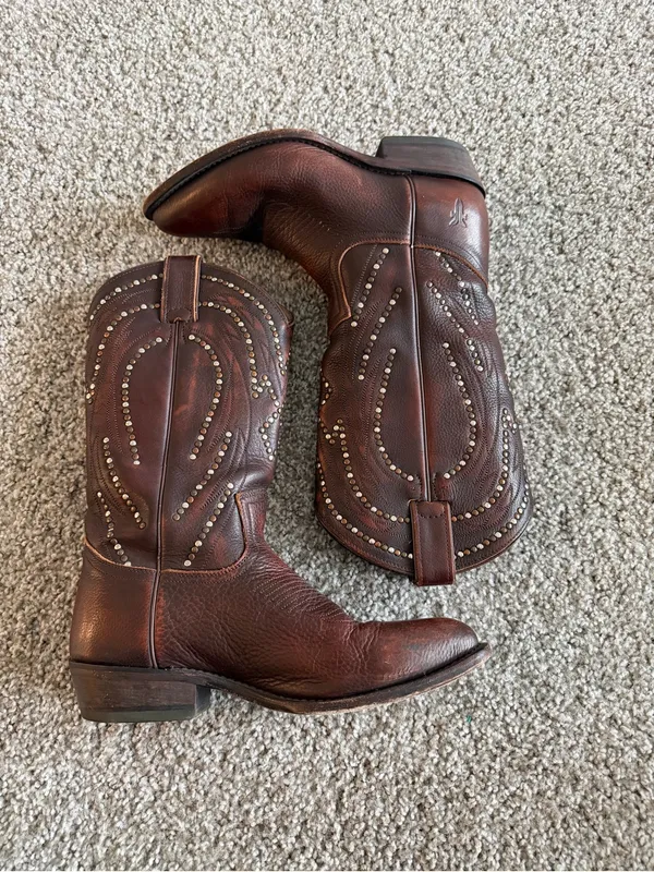 Frye Brown Billy Pull On Leather Studded Tall Cowboy Boot - Image 4