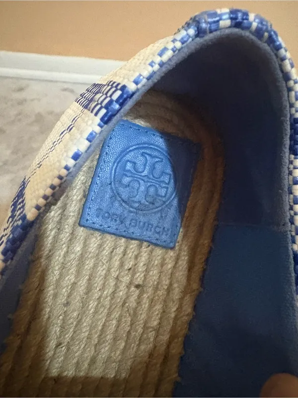 Tory Burch Florence Plaid Platform Espadrilles in Blue & White Jute - Image 6