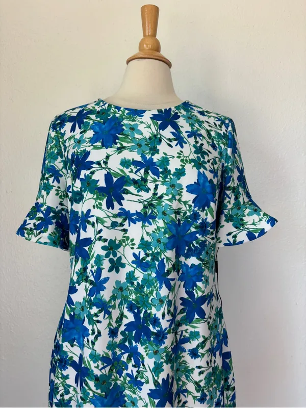 CK Blue Floral Short Sleeve Formal Work Dress - Image 2