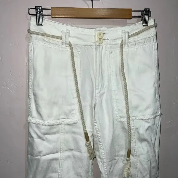 ANTHROPOLOGIE White Canvas Denim High Rise Belted Straight Crop Jeans 25 - Image 2