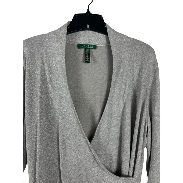 Lauren Ralph Lauren Faux Wrap Silver Shimmer Silk Blend Long Sleeve Sweater XL - Image 2