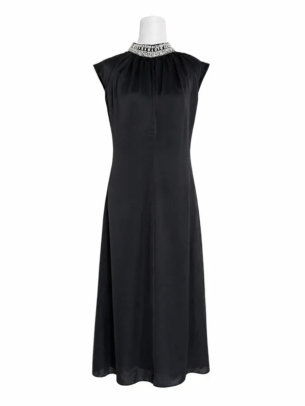MISA Los Angeles Kira Black‎ Satin Midi Dress Crystal Embellished Neck Medium - Image 2
