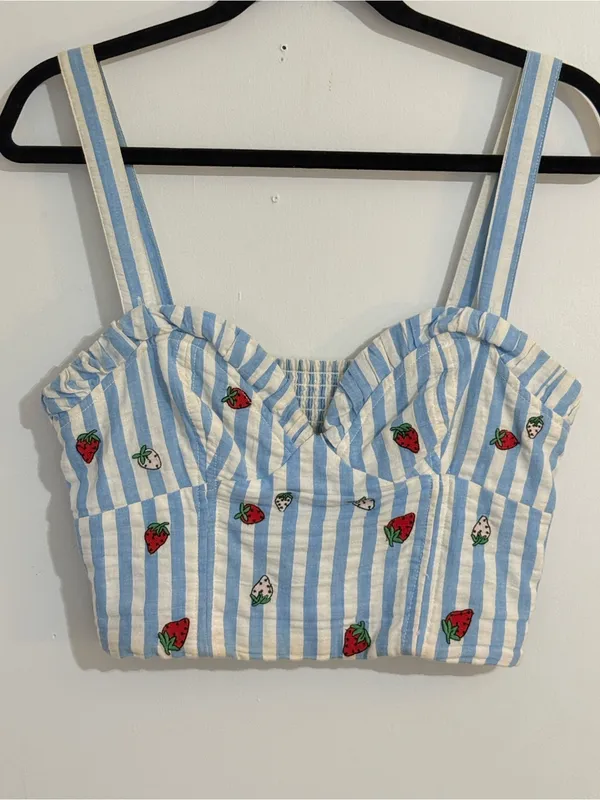 Maeve Blue-and-White Striped Cropped Tank with Strawberry Embroidery - Image 4