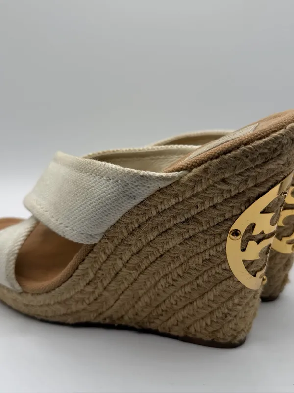 Tory Burch Kristen Espadrille Wedge Sandals Cream Canvas Gold Logo Women’s 10 - Image 3