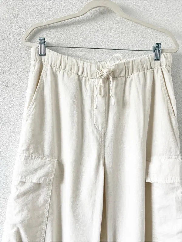 Calvin Klein Ivory Linen Blend Pull On Wide Leg Cargo Pants - Image 3