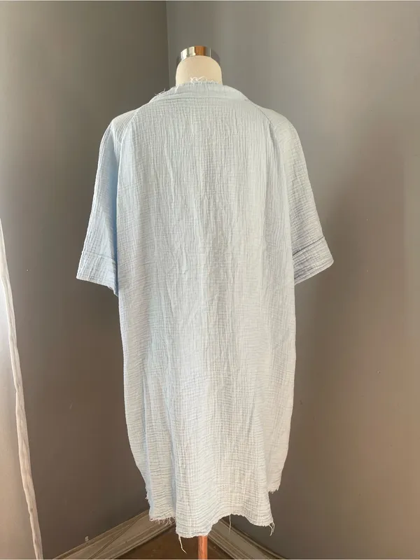 Light Blue Button-Front Midi Dress with Frayed Trim - Image 3