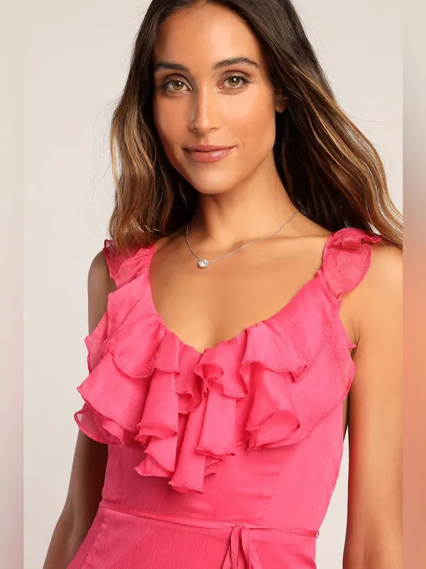 Lulus Enchanting Elegance Hot Pink Ruffled High-Low Maxi Dress Size Medium - Image 2
