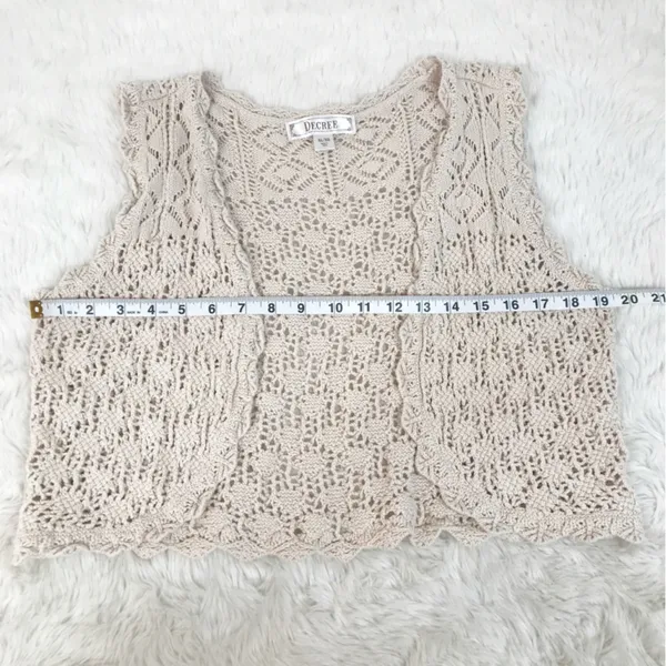 DECREE Beige Cream Crochet Open Front Vest XL Cropped Boho Festival Beach Summer - Image 8