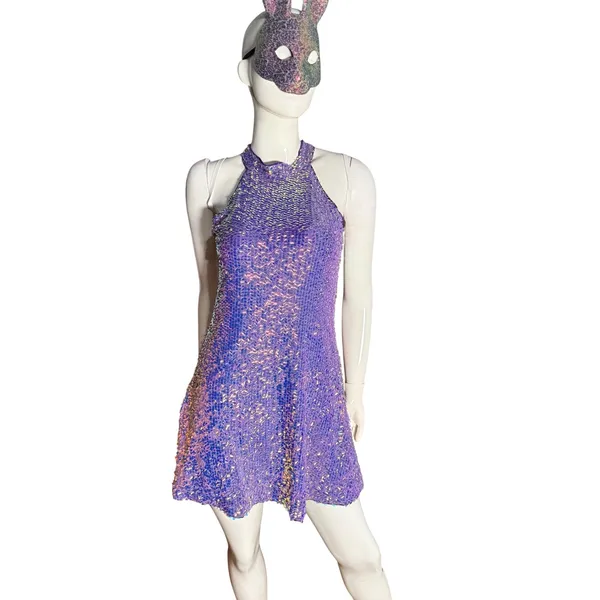 Shein Purple Iridescent Sequin Halter Mini Dress Fairycore Bodycon Size 6 M - Image 2