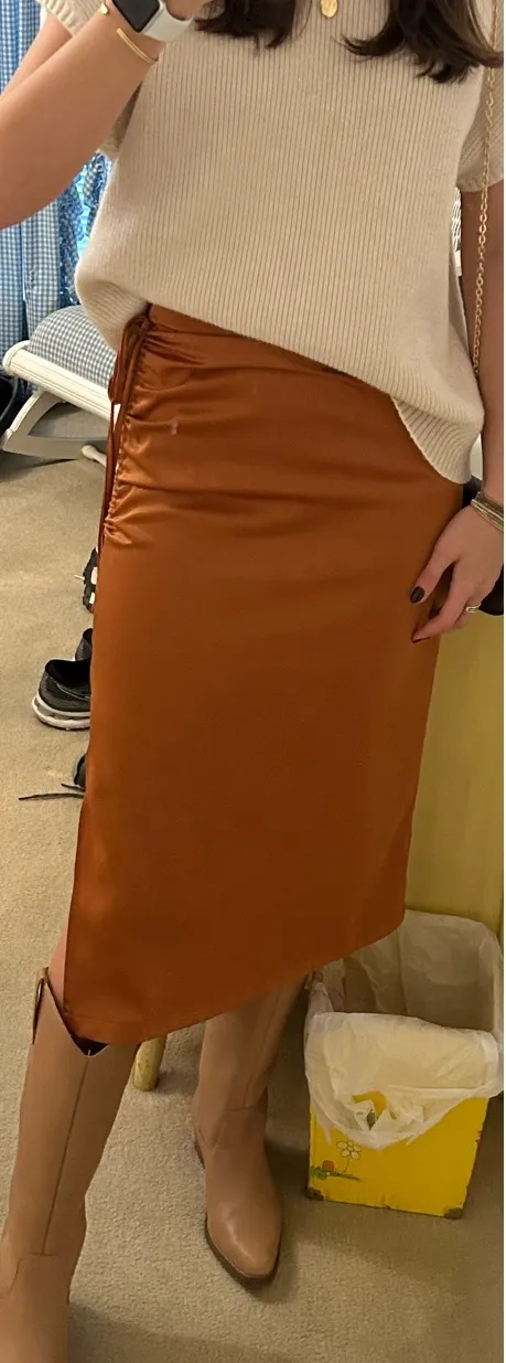 Ruched Satin Midi Skirt Orange Size XS - Image 3
