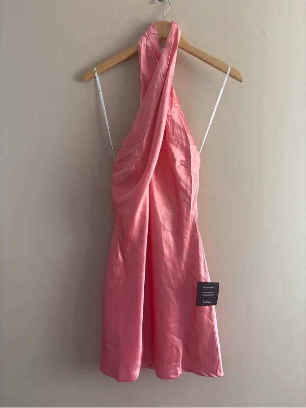 Lulus Beyond Classy Coral Pink Satin Halter Mini Dress Size Small backless Sexy - Image 4