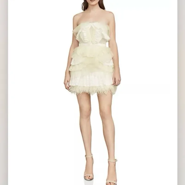 BCBGMAXAZRIA Owen Feather-Trim Ruffled Strapless Dress Size Small Cream White - Image 2