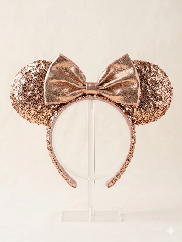 Tokyo Disney Resort Minnie Mouse Rose Gold Sequin Bow Headband Ears - Image 2