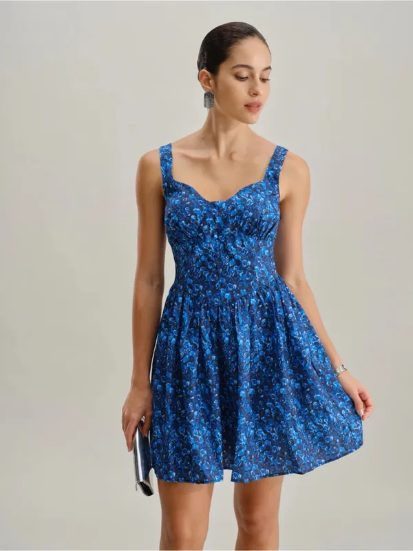 Rihoas Blue Floral U-Neck Shirred Mini Dress - Image 5