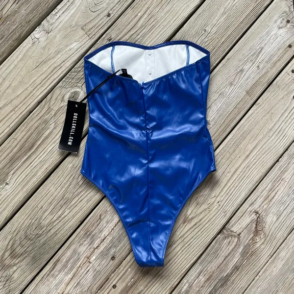 Dolls Kill Trickz N Treatz Women's Blue Vinyl Strapless Bodysuit Size S. NEW! - Image 2