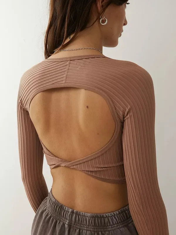 Out From Under Urban Outfitters Brown Ribbed Long Sleeve Crop Top XS S Y2K - Image 2
