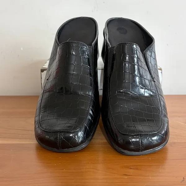 Aerosoles Pepperoni Black Croc Embossed Mules Block‎ Heel Square Toe Mens 10M - Image 4