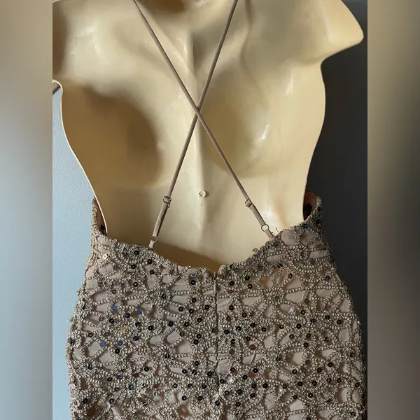 Forever 21 Stunning lace embroidered open back Gold dress with sequin sz medium NWOT - Image 4