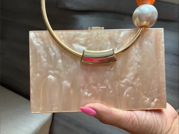 Lulu's Pearlescent Pink Acrylic Box Clutch with Gold Ring Handle - Image 11