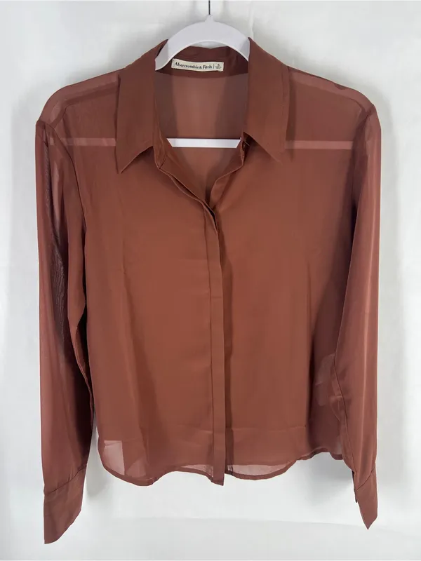 Abercrombie & Fitch Sheer Chocolate Brown Chiffon Button Down Blouse Size S - Image 2