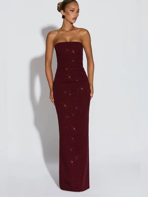 Babyboo PANDRA MAXI DRESS SPARKLE Strapless Ruched Midi dress in wine, S - Image 10
